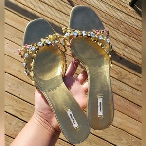 Miu Miu Gold and Floral Embellished Heels
